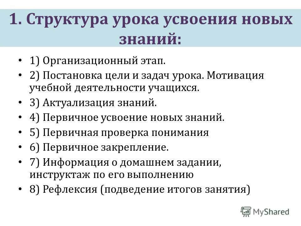 Структура урока усвоения нового