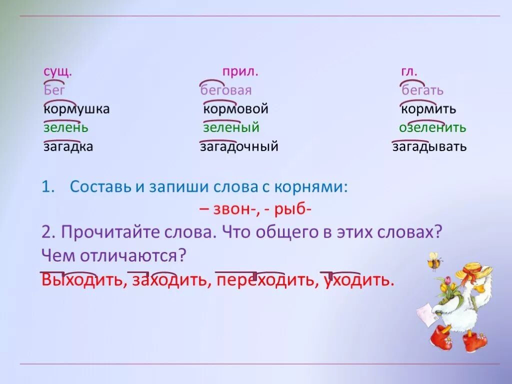 Однокоренное существительное к слову обедать. Корень слова. Слова с корнем звон. Существительное с корнем. Корень слова корень.