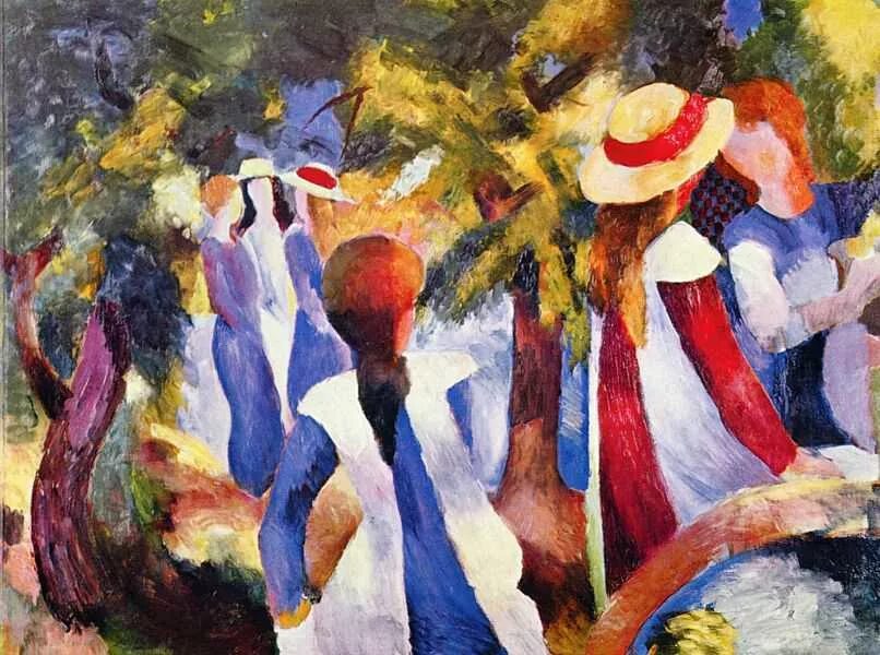 Экспрессионизм работы. Август маке (august macke, 1887 – 1914)!. август маке «девушки среди деревьев» , 1914 год. август маке экспрессионизм. август макке картины.