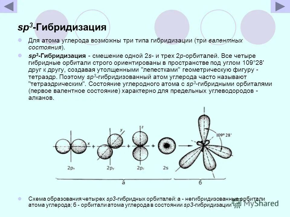 Состояния атома углерода в органических соединениях. Гибридизация орбиталей (SP-, sp2 -, sp3 -). Гибридные состояния атома углерода sp3 sp2 SP. Sp2 гибридные орбитали углерода.