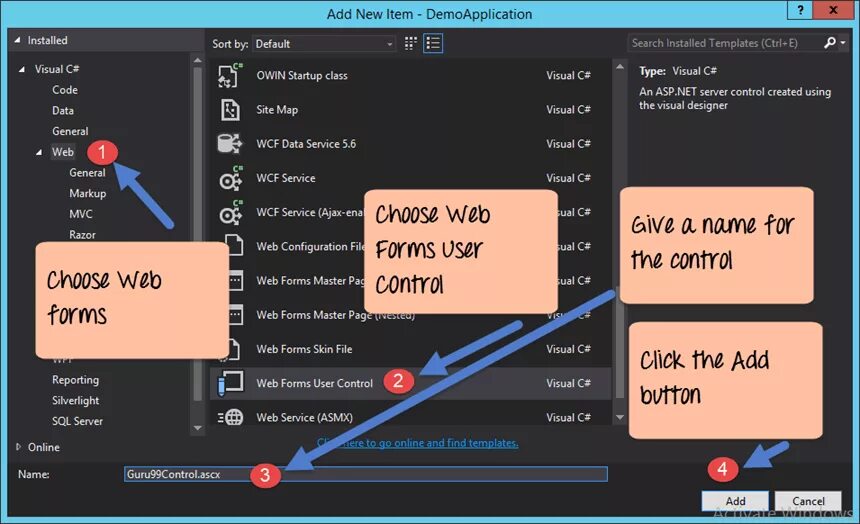 Add new item. Visual Studio web forms. Asp web forms. Asp.net forms web application. Элемент управления Control.