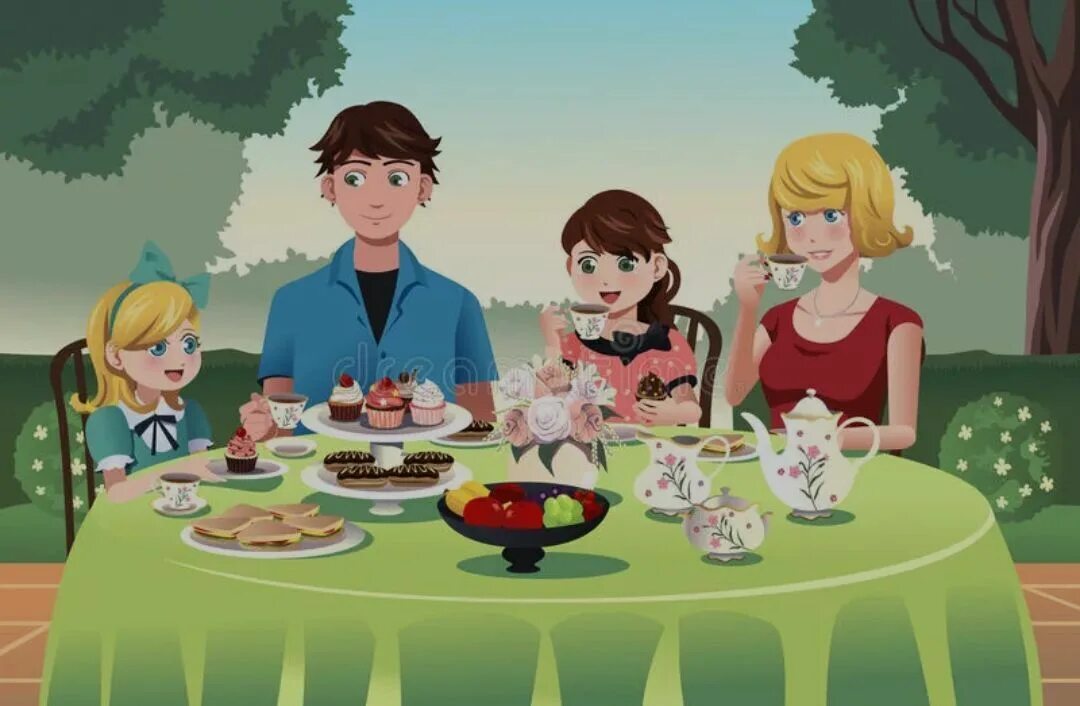 В гости к другу играя. Семейное чаепитие. Семья за столом. Картина семья за столом. Семья за столом картинки.