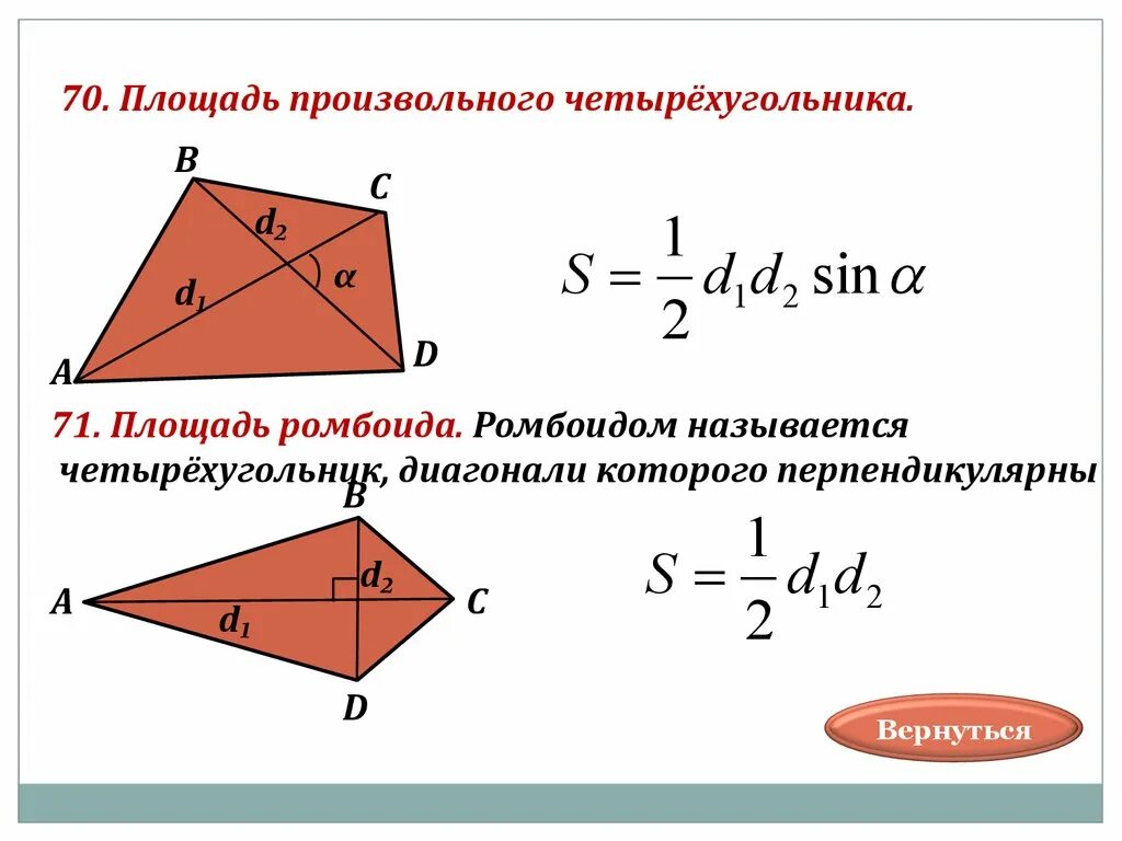 Площадь произвольного четырехугольника. Формула площади произвольного четырехугольника. Формула площади произвольного четырехугольника через диагонали. Формула произвольного четырехугольника через диагонали.