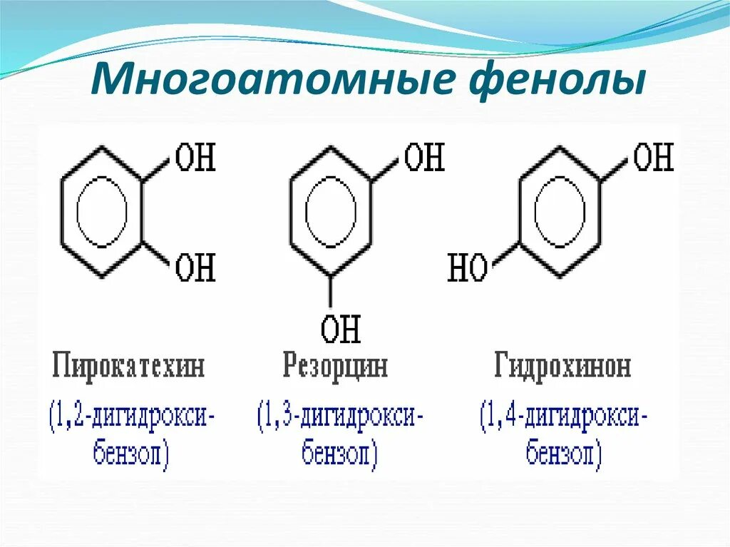 Многоатомные фенолы: гидрохинон, резорцин, пирокатехин.. Фенол структура формулы. Двухатомные фенолы гидрохинон резорцин пирокатехин. Трехатомные фенолы. Бензол oh