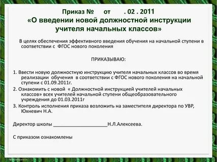 Приказ об утверждении должностных инструкций 2020