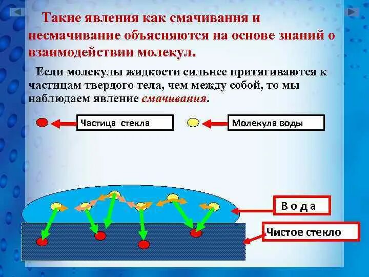 В твердых притяжения. Смачивание и несмачивание жидкостью твердого тела. Взаимодействие молекул смачивание и несмачивание. Смачивающие и несмачивающие жидкости. Явление смачиваемости и несмачиваемости.