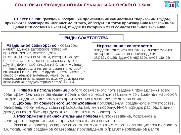 Соавторство в авторском праве. Соавторство ГК РФ. Виды соавторства в авторском праве. Распоряжение интеллектуальным право