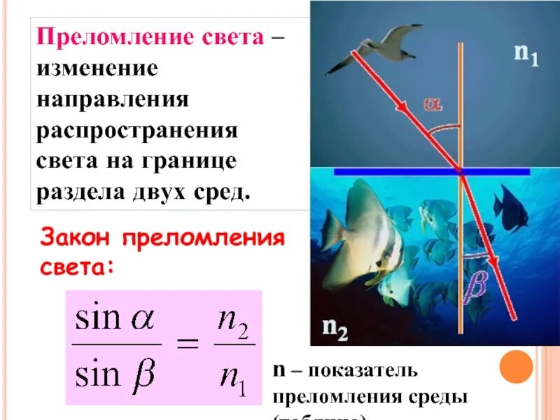 Почему преломляется свет на границе двух сред. Преломление света. Показатель преломления двух сред. Закон преломления двух сред. Показатель преломления среды.