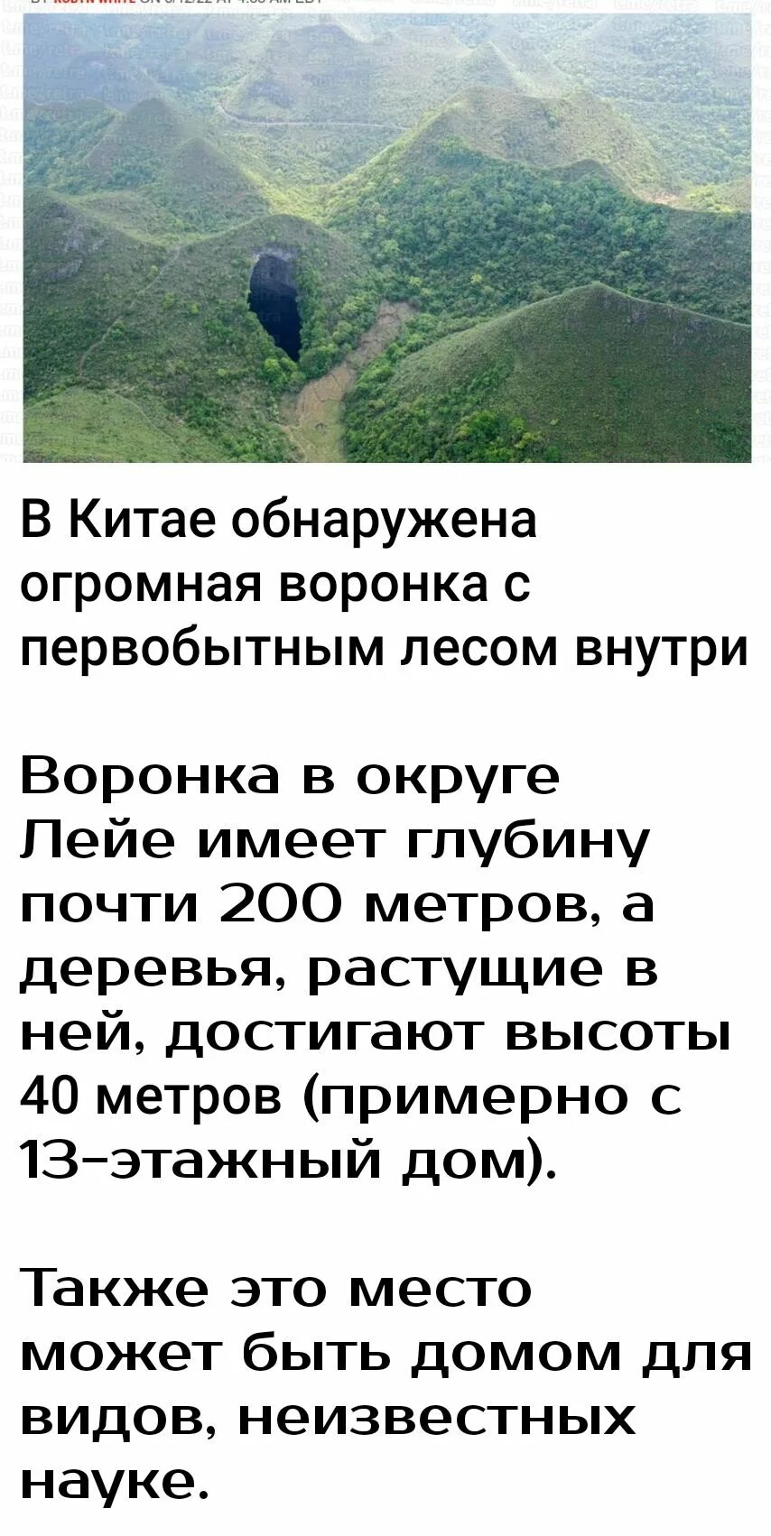 Карстовая воронка в китае с первобытным лесом