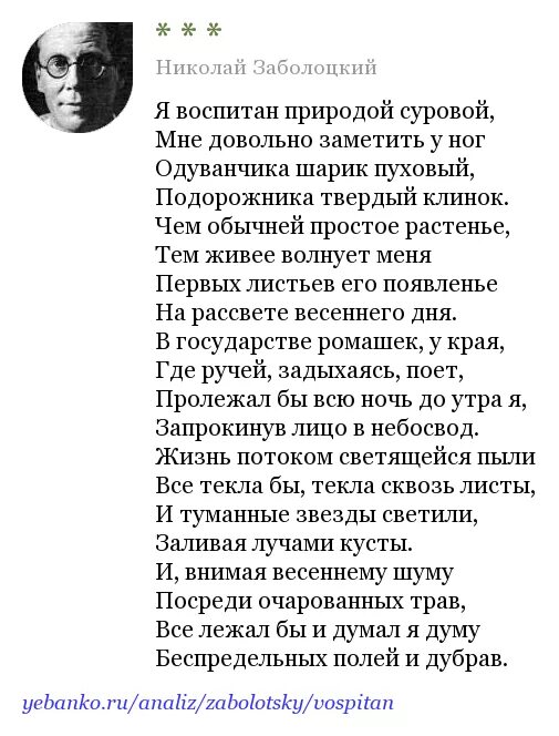 Стих заболоцкого я воспитан природой. Стихотворение н. а. Заболоцкого «я воспитан природой суровой»..