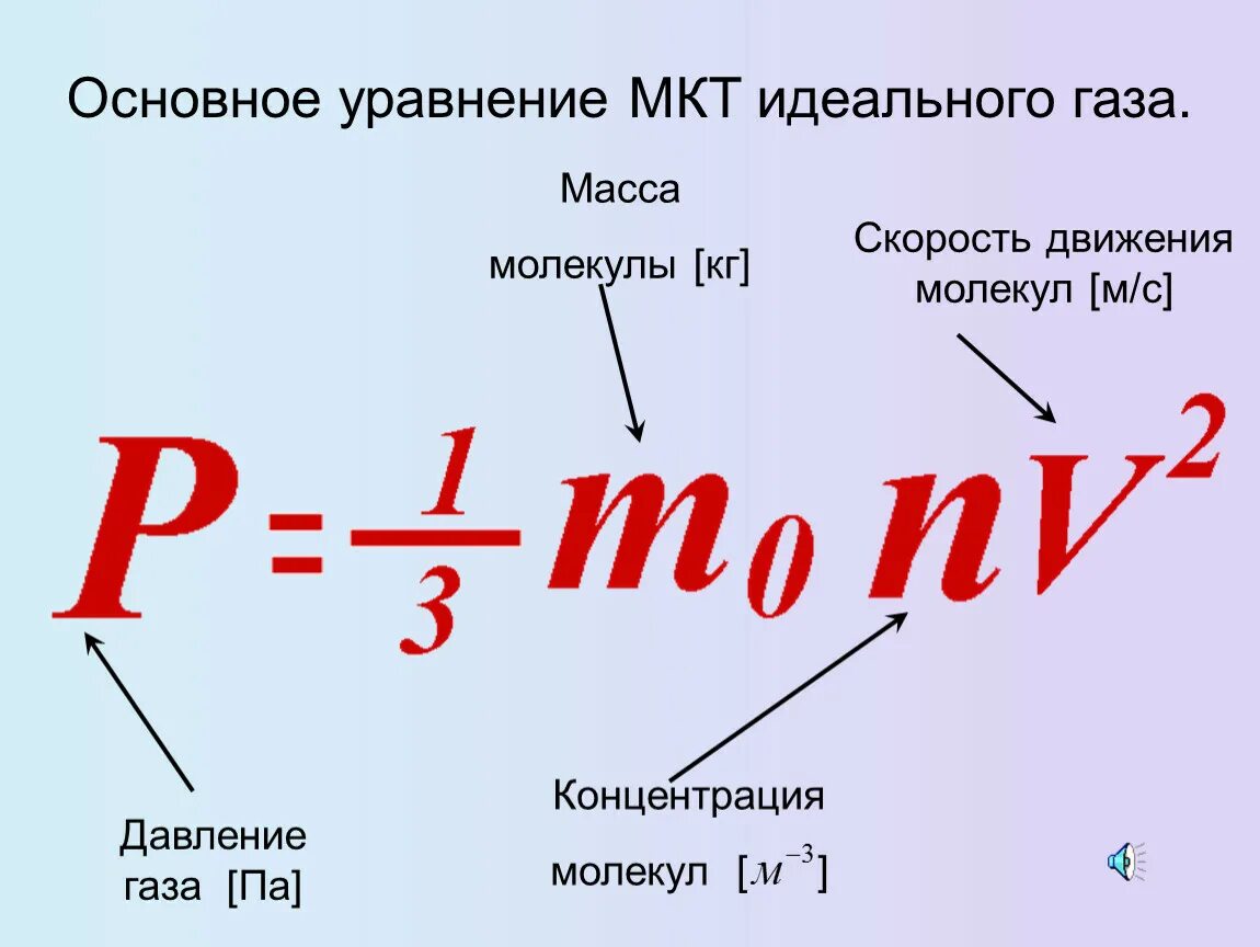 Основное уравнение молекулярно-кинетической теории газов. Основное уравнение молекулярно-кинетической теории идеального газа. Основное уравнение МКТ идеального газа формула. Основное уравнение МКТ идеального газа. При увеличении средней квадратичной скорости