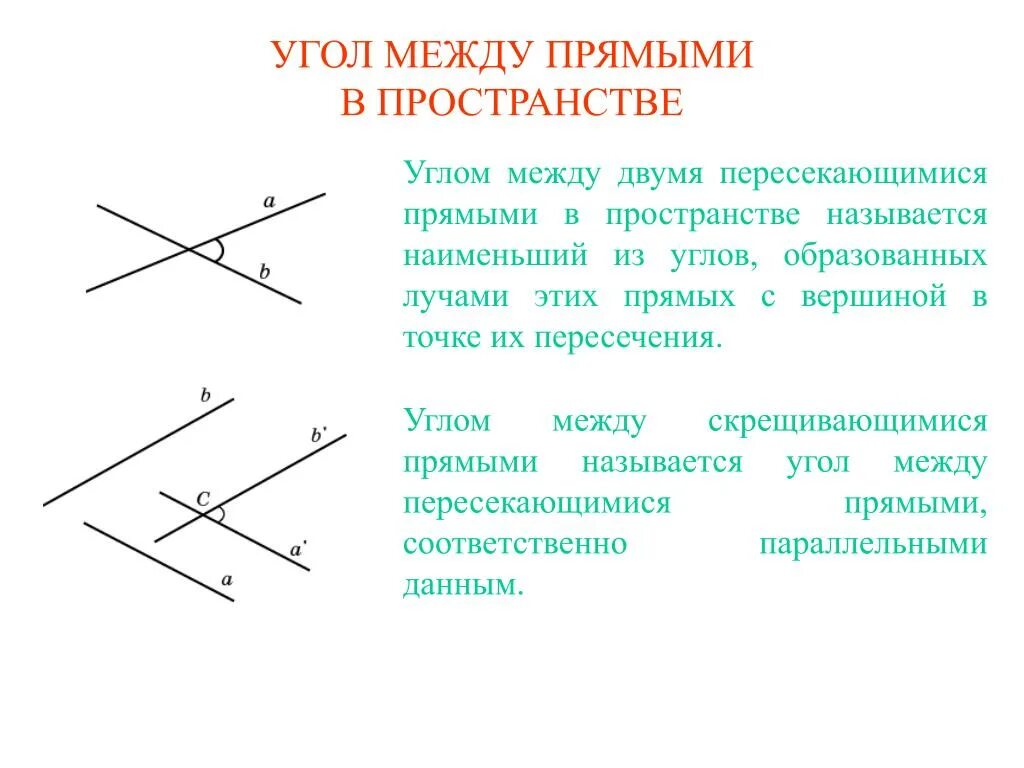 Углом между прямыми называют. Параллельность прямых и угол между прямыми. Угол между 2 скрещивающимися прямыми в пространстве. Угол между двумя пересекающимися прямыми в пространстве. Угол между двумя прямыми в пространстве формула.