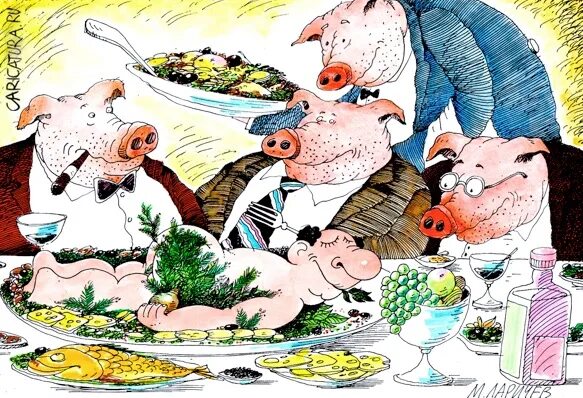 Поросята едят человека. Свинья карикатура. Карикатура поросенка. Застолье карикатура. Свинья за столом.