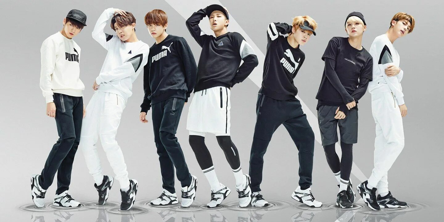 Когда вышли bts. Пума бтс. bts puma 2018. puma bts тэхен. бтс участники фила.