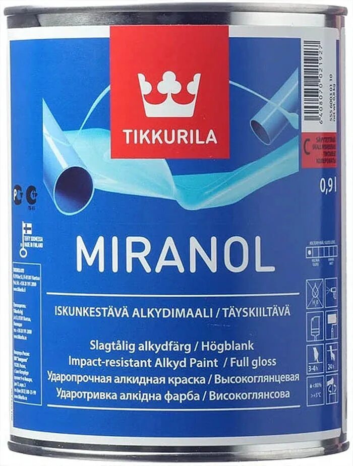 Сколько сохнет алкидная. Miranol Tikkurila алкидная эмаль. Эмаль Miranol Тиккурила. Краска алкидная тиксотропная Tikkurila Miranol с 0.9 л. Эмаль Миранол а 9 л..