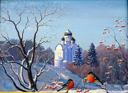 Зимний пейзаж снегири