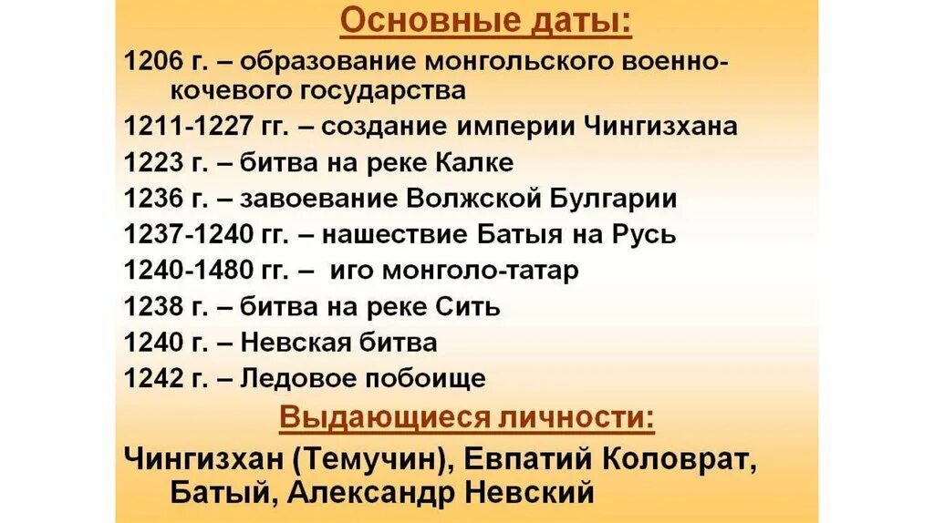 Походы чингисхана дата направление последствия. Монгольское Нашествие на Русь даты. Основные даты татаро монгольского нашествия на Русь. Основные даты и события монголо татарского нашествия на Русь. Основные даты в монгольском завоевании на Руси.