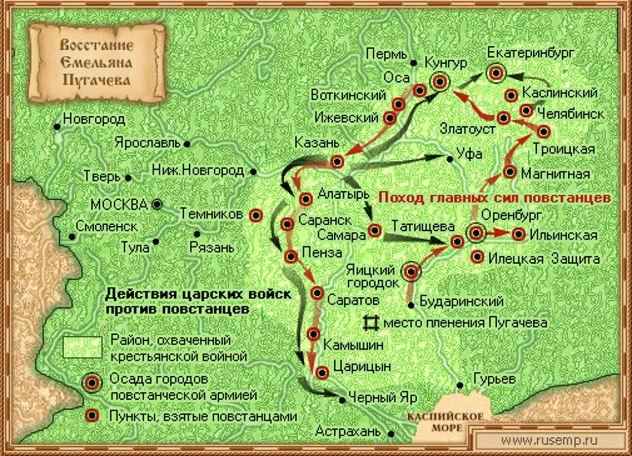 Крестьянское восстание под предводительством Пугачева карта. Карта походов Емельяна Пугачева. Восстание Емельяна Пугачева карта. Сражение под татищевой крепостью