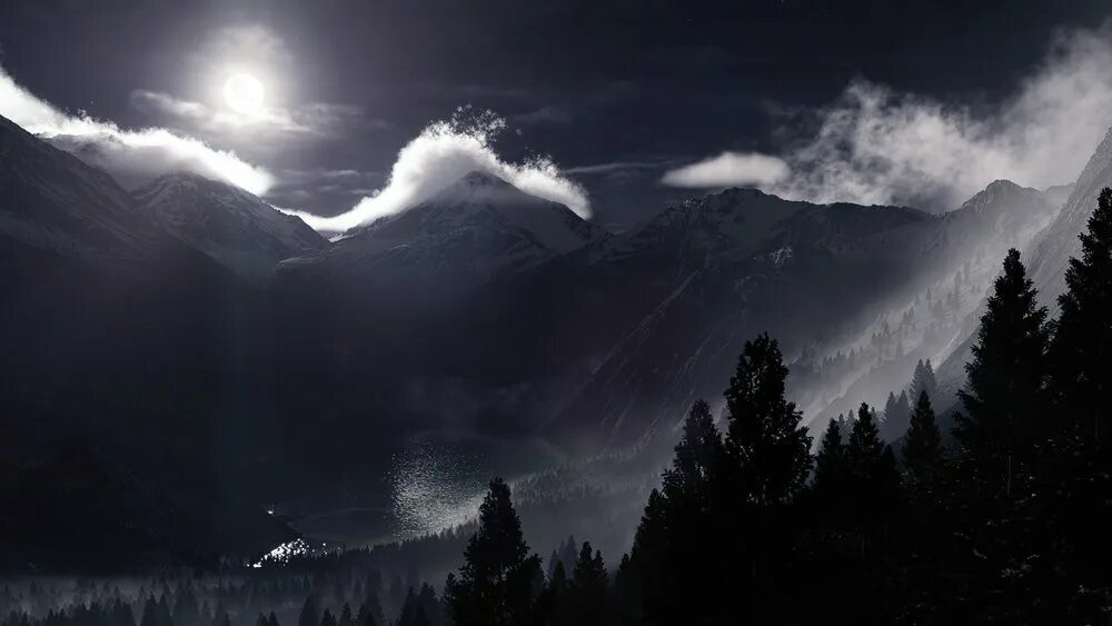 Прекрасный темный и густой. Лес горы. темный пейзаж. горы в тумане. мрачный пейзаж.