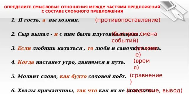 Логико смысловые отношения между предложениями 10 класс. Смысловые отношения между частями. Смысловые отношения между частями предложения. Смысловые отношения между частями сложного предложения. Смысловые отношения между частями сложносочиненного предложения.