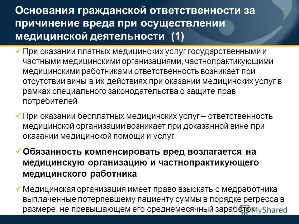 Ооо медицинское учреждение. Основания гражданской ответственности. Ответственность при оказании услуг. Ответственность за причинение вреда. Основания ответственности за причинение вреда.