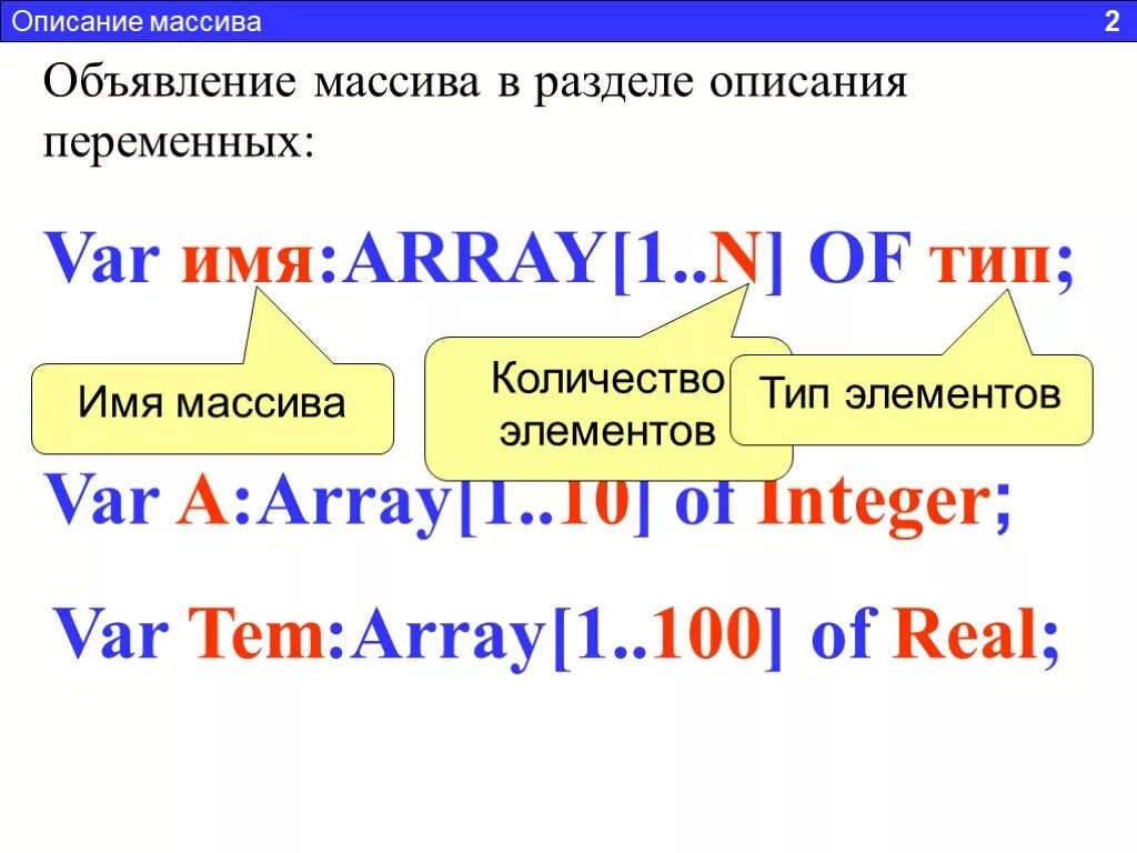 Количество элементов в разделе. Объявление массива. заполни описание массива в разделе описания переменных. описание массива. массивы в разделе переменных.