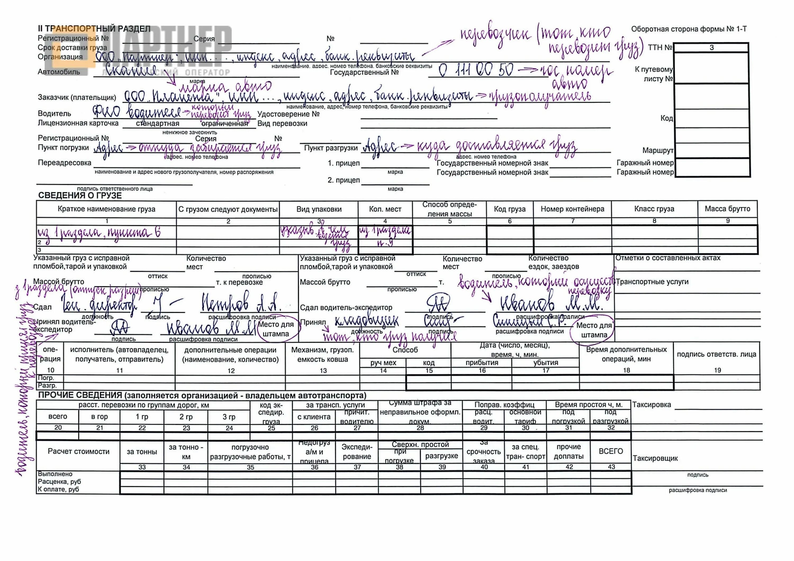 Пример заполнения товарно-транспортной накладной форма 1-т. Транспортная накладная 2023 образец заполнения. Заполнение ТТН транспортный раздел. Товарно-транспортная накладная подпись водителя. Ттн где ставить печать