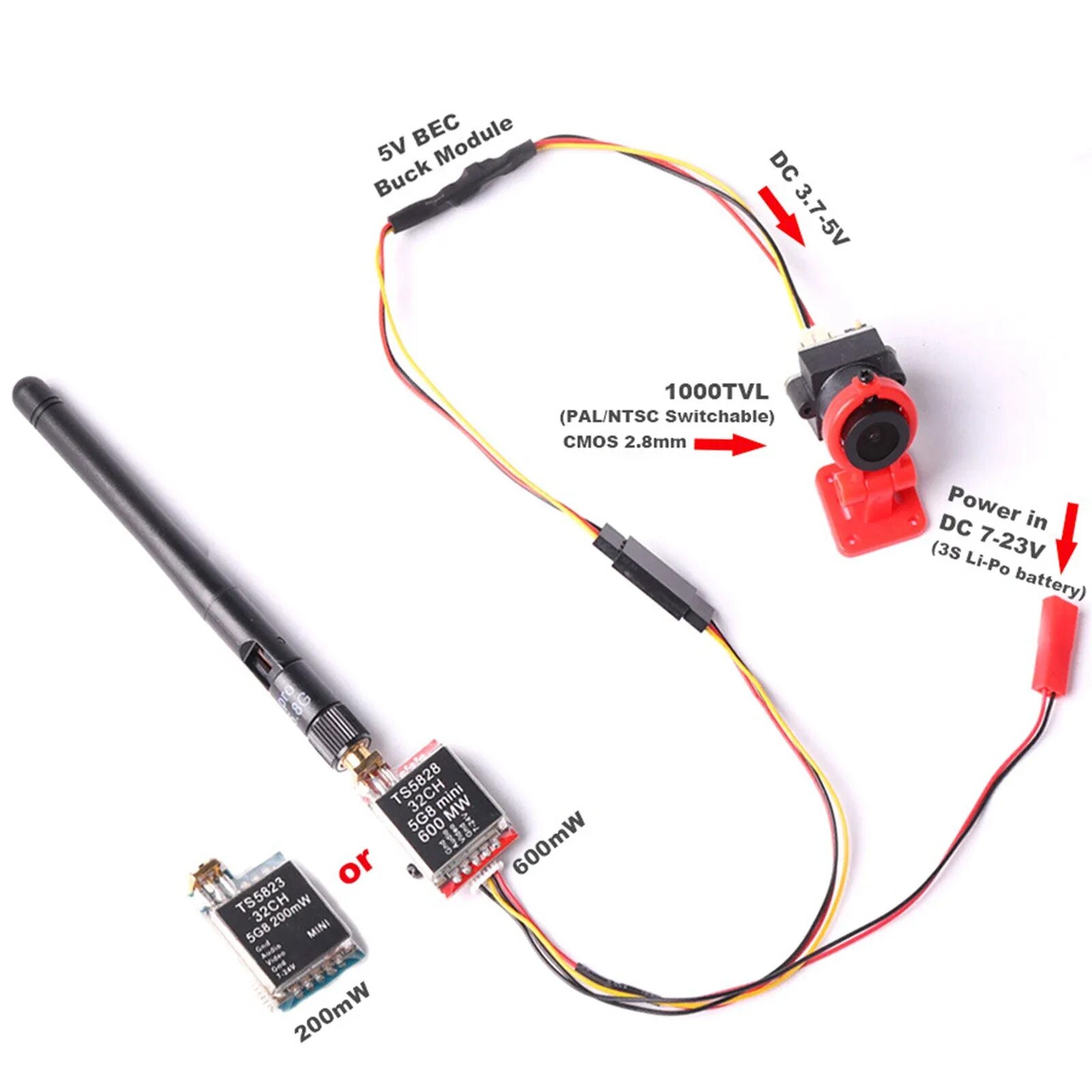 AKK A5 5,8 ГГц 40 каналов 25 передатчик mW FPV 600TVL CMOS Micro Camera, переклю