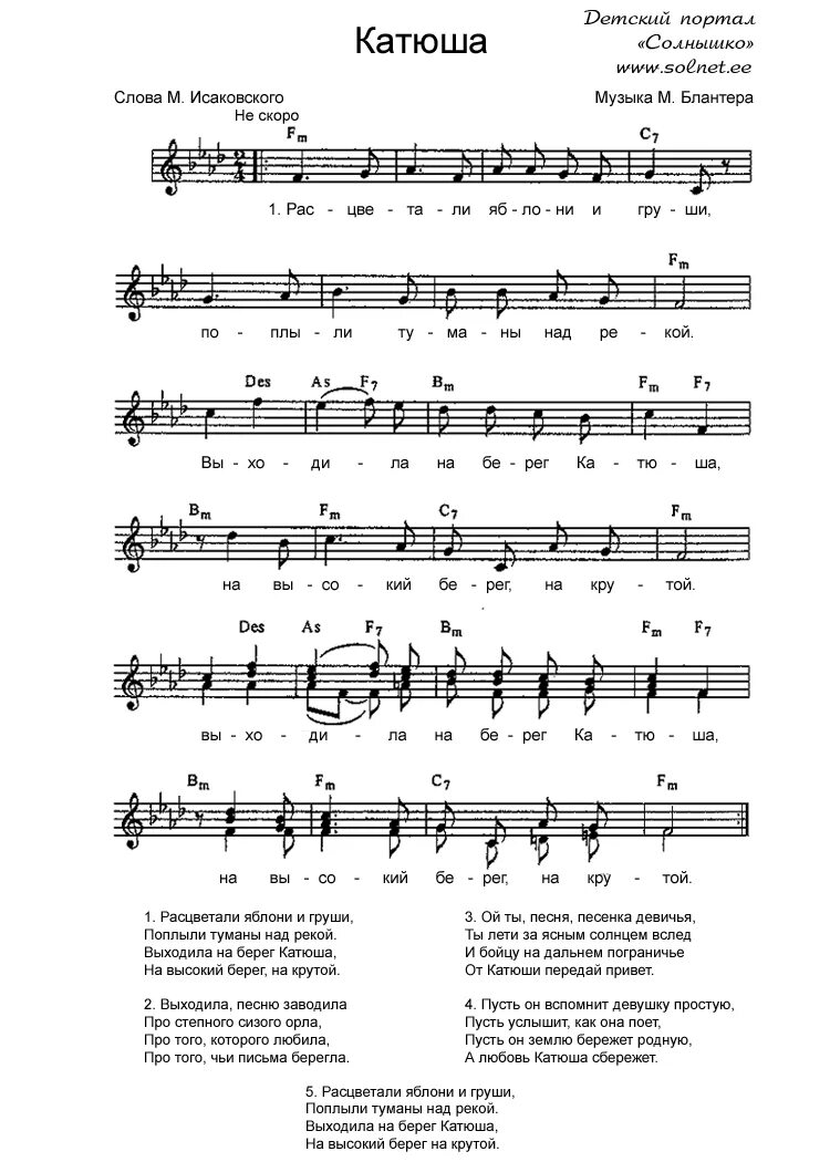 Короткие версии песен. Нрты Катеши расветали яблони и груши. Выходила на берег Катюша Ноты. Блантер Катюша Ноты. Катюша Ноты для синтезатора.