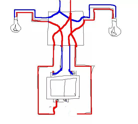 Схема подключения двухклавишного выключателя на две лампочки. Как подключить провода на двойной выключатель на две лампочки. Схема подключения двойного двухклавишного выключателя. Схема подключения двухклавишный выключатель, 2 лампочки, розетка. Как подключить два светильника на двойной выключатель