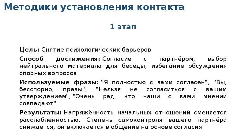 Этапы установления психологического контакта. Методика установление контакта. этапы установления контакта. снятие психологических барьеров.