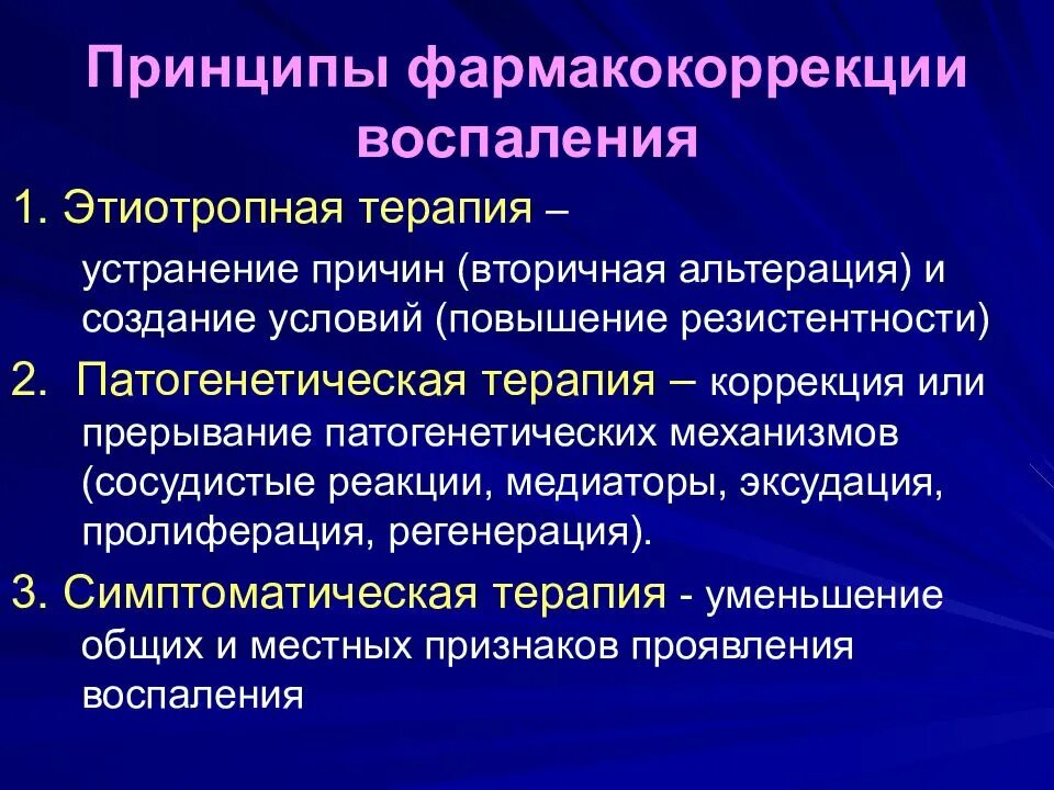 Принципы терапии заболевания. Принципы патогенетической терапии. Принципы лекарственной коррекции воспаления. Принципы лечения воспалительного процесса. Принципы этиотропной и патогенетической терапии.