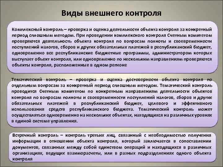 Формы вненешнего контроля. Элементы внешнего контроля. Внешний контроль в методике что это. Методы контроля контроль и ревизия. Комплексная проверка организации