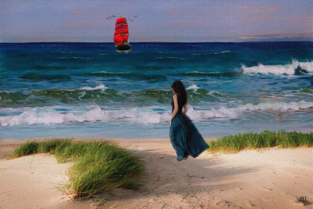 А ты на берегу в синем. Художник laura lee zanghetti. девушка на берегу моря. девочка на море.