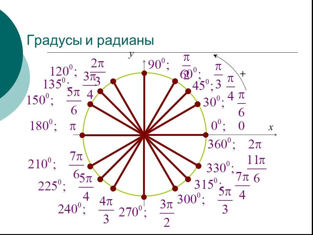 Радианы в градусы. Связь между градусами и радианами. Углы в радианах на окружности. Тригонометрический круг по градусам. Градусы плавно