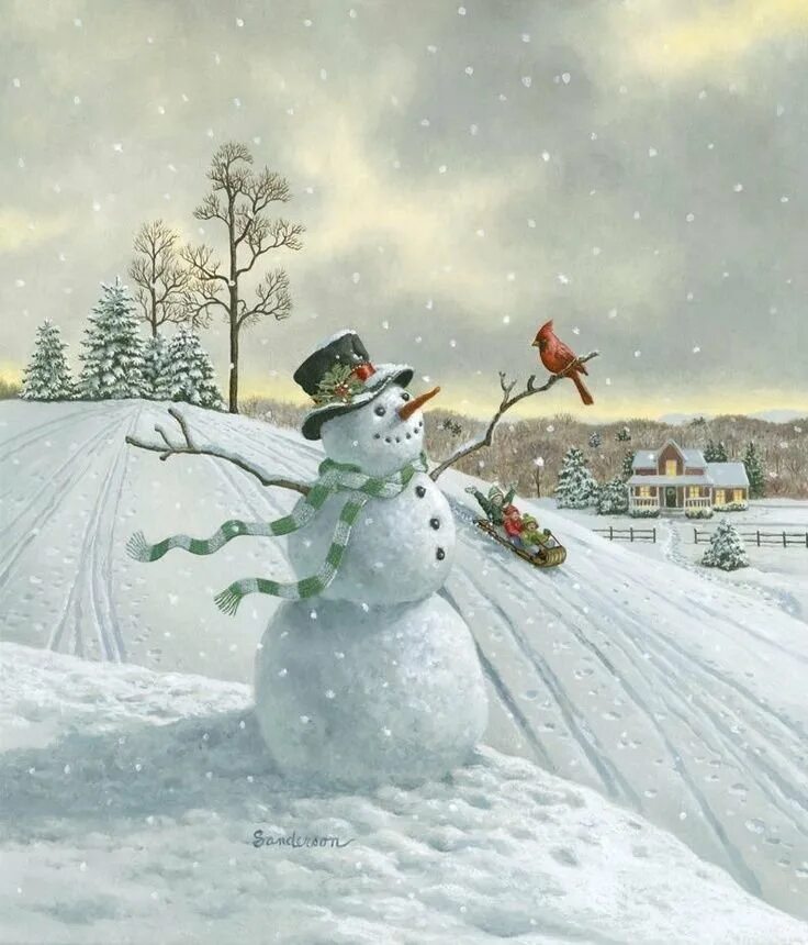День снега рисунок. Рут Сандерсон картины. Рут Сандерсон Снеговики. Ruth Sanderson иллюстрации. Зимний пейзаж со снеговиком.