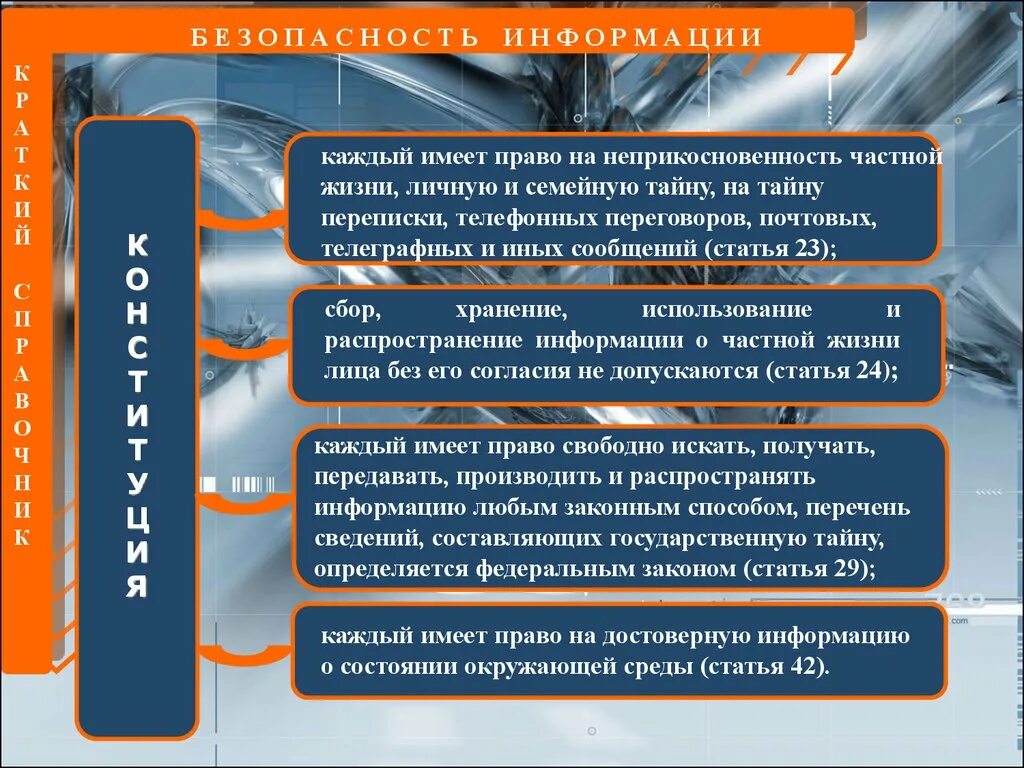 Свобода искать получать распространять информацию. Право на получение распространение информации законным способом. Каждый имеет право на распространение информации. Неприкосновенности частной жизни в информационной сфере.