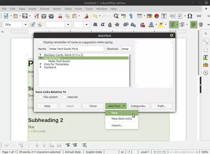 Libreoffice writer поля
