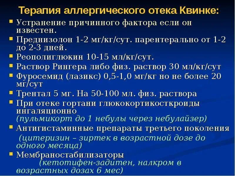 Неотложная терапия при отеке Квинке. Клинические проявления отека Квинке. Антигистаминные препараты при отеке Квинке. Неотложная терапия при отеке Квинке у детей.