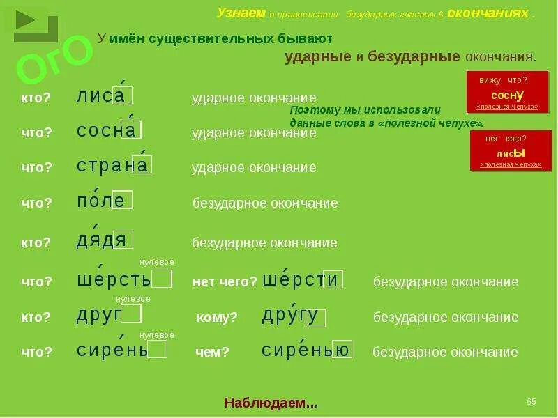 Слово сосна какое окончание. Сосною окончание. Наблюдают окончание.