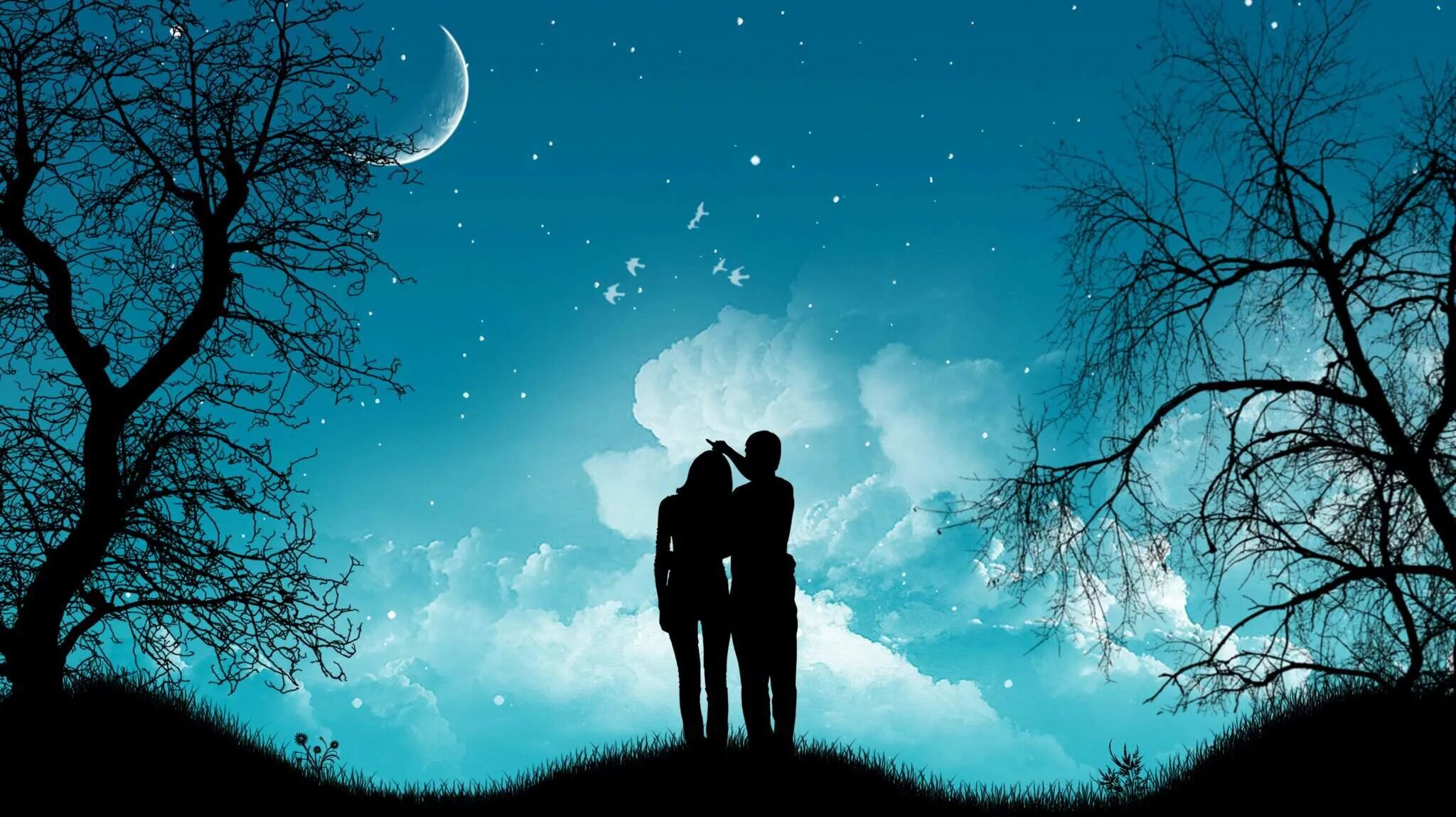 В объятьях ночи звезды сиянье слушать. Двое под звездным небом. Пара на фоне Луны. Влюбленные под звездами. Пара на фоне звездного неба.
