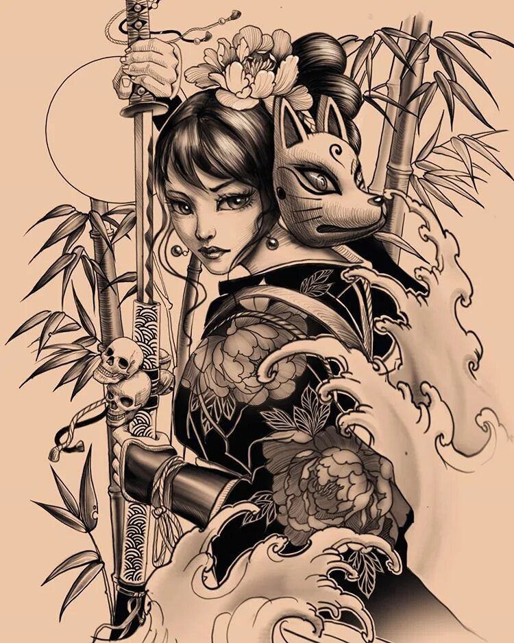 Гейша демон реализм. Тату девушка самурай. Татуировка девушка самурай. Девушка самурай тату. Тату гейша эскиз.