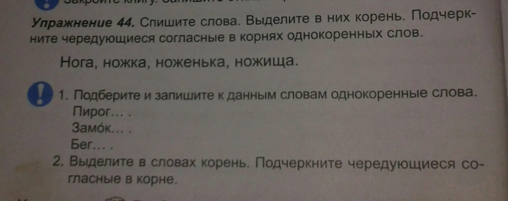 Спишите опуская выделенные слова. Однокоренные слова нога ножной ножка ноженьки. Ноженька суффикс. В слове ножка подчеркнуть чередующиеся согласные в корне. Корень в словах нога. Ножной.ноженька.