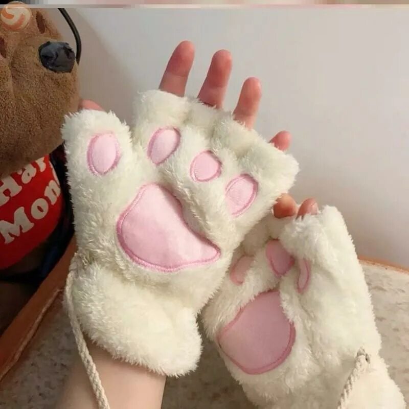Теплые лапки. Милые перчатки. Перчатки кошачьи лапки без пальцев. Плюшевые митенки лапки. Милые перчатки лапки.