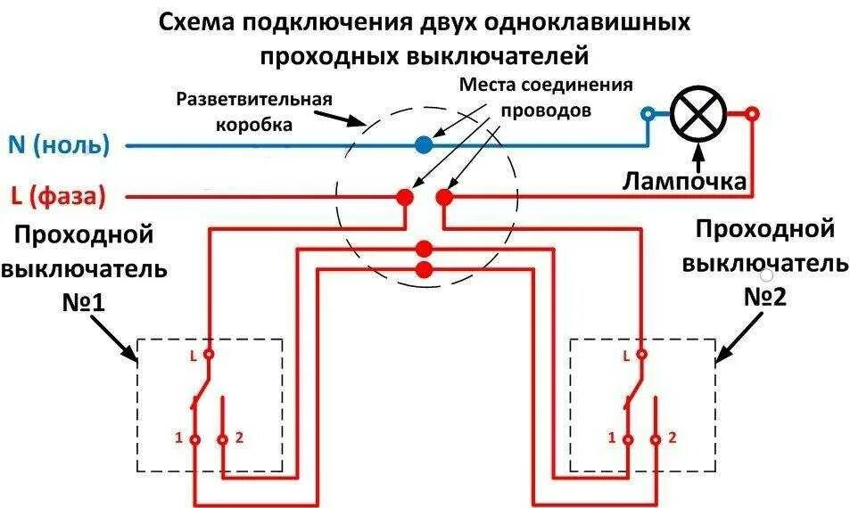 Схема подключения проходных выключателей с 2 мест. Схема+подключения+2+выключателя+на+одну+лампу+проходные. Схема подключения 2 одноклавишных проходных выключателей. Схема подключение проходных выключателей с двух мест. Как подключить выключатель switch