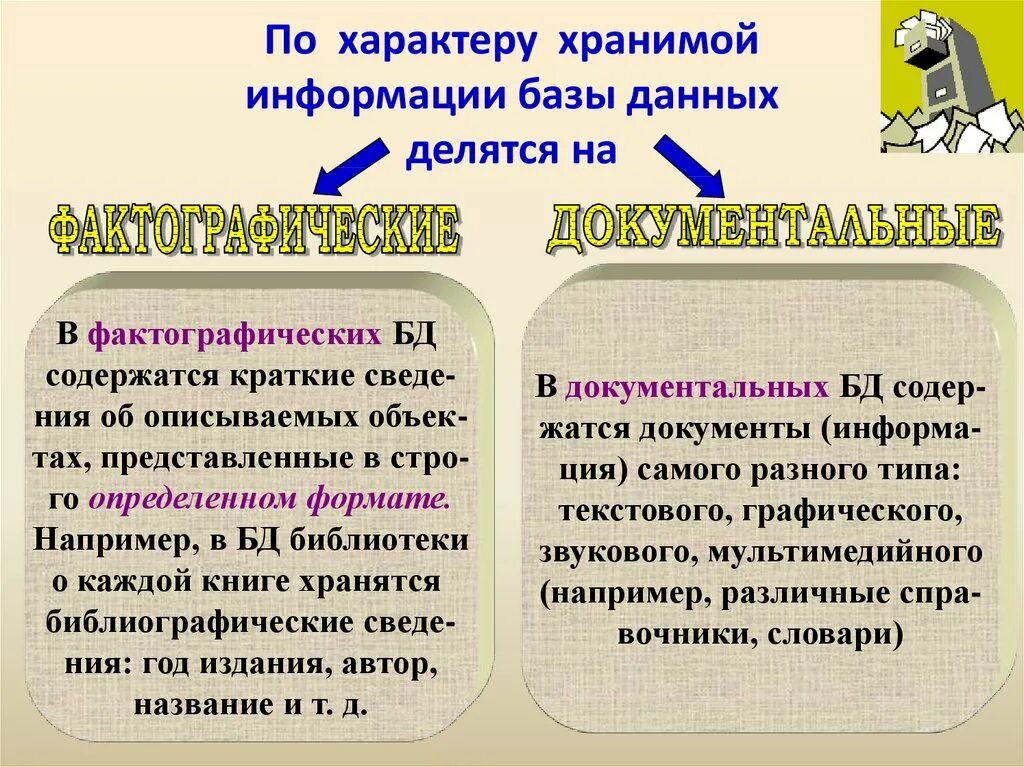 Совокупность содержащихся в базах данных информации. По характеру хранимой информации БД делятся на. Фактографическая база данных. Фактографические и Документальные базы данных. Фактографические базы данных примеры.