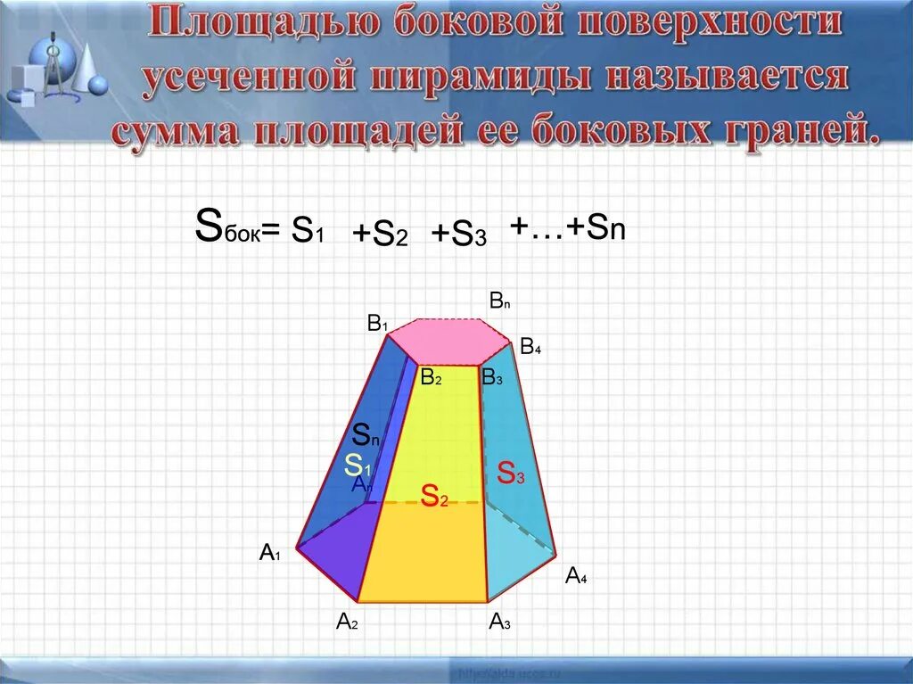 Как найти площадь боковой поверхности усеченной пирамиды. Площадь боковой поверхности правильной усеченной пирамиды. Усеченная пирамида боковые ребра. Площадьбоковой поверхностиусечённойпирамиды.. Площадь боковой усеченной пирамиды.