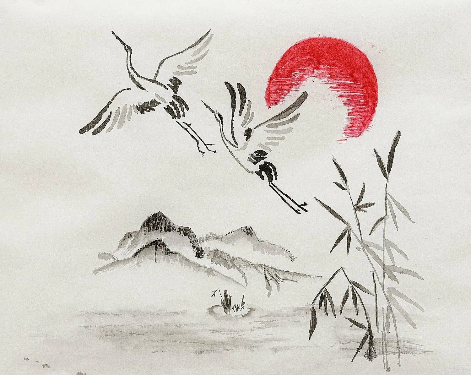 Журавль в Японии символ. Японская живопись Журавли. Журавль рисунок. Как нарисовать журавля в небе