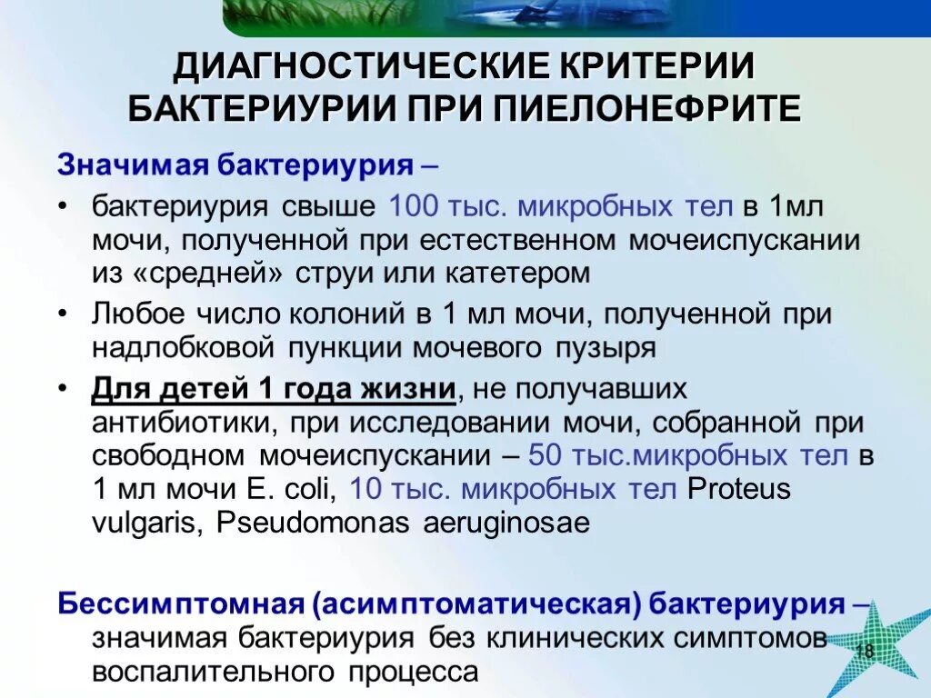 При остром пиелонефрите в моче определяются. Значимая бактериурия. Пиелонефрит бактериурия. Диагностическая бактериурия. Критерии бактериурии.