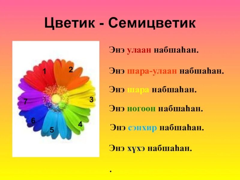 Автор сказки цветик семицветик. Краткое содержание цветика семицветика. Цвета на бурятском языке. Катаев в. Музыкальная игра цветик семицветик.